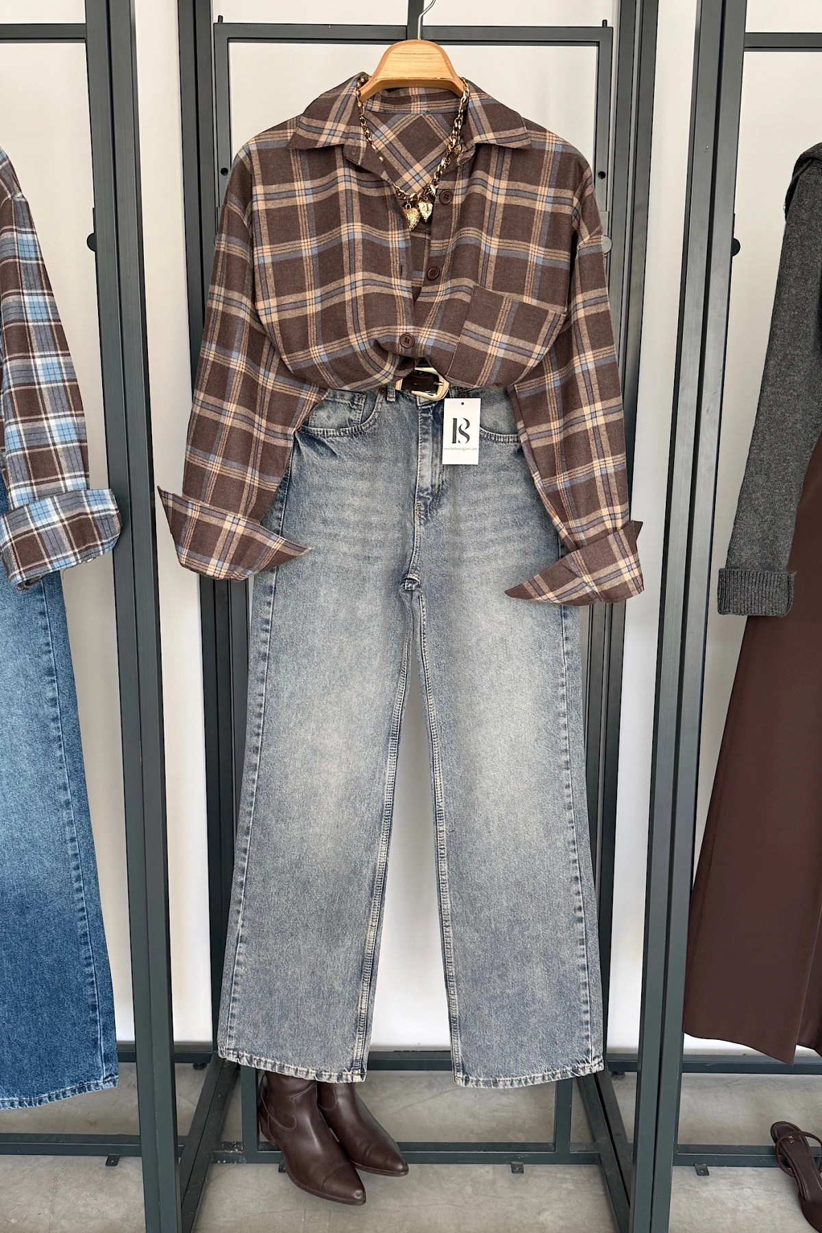 Oversize Ekose Gömlek Koyu Kahve