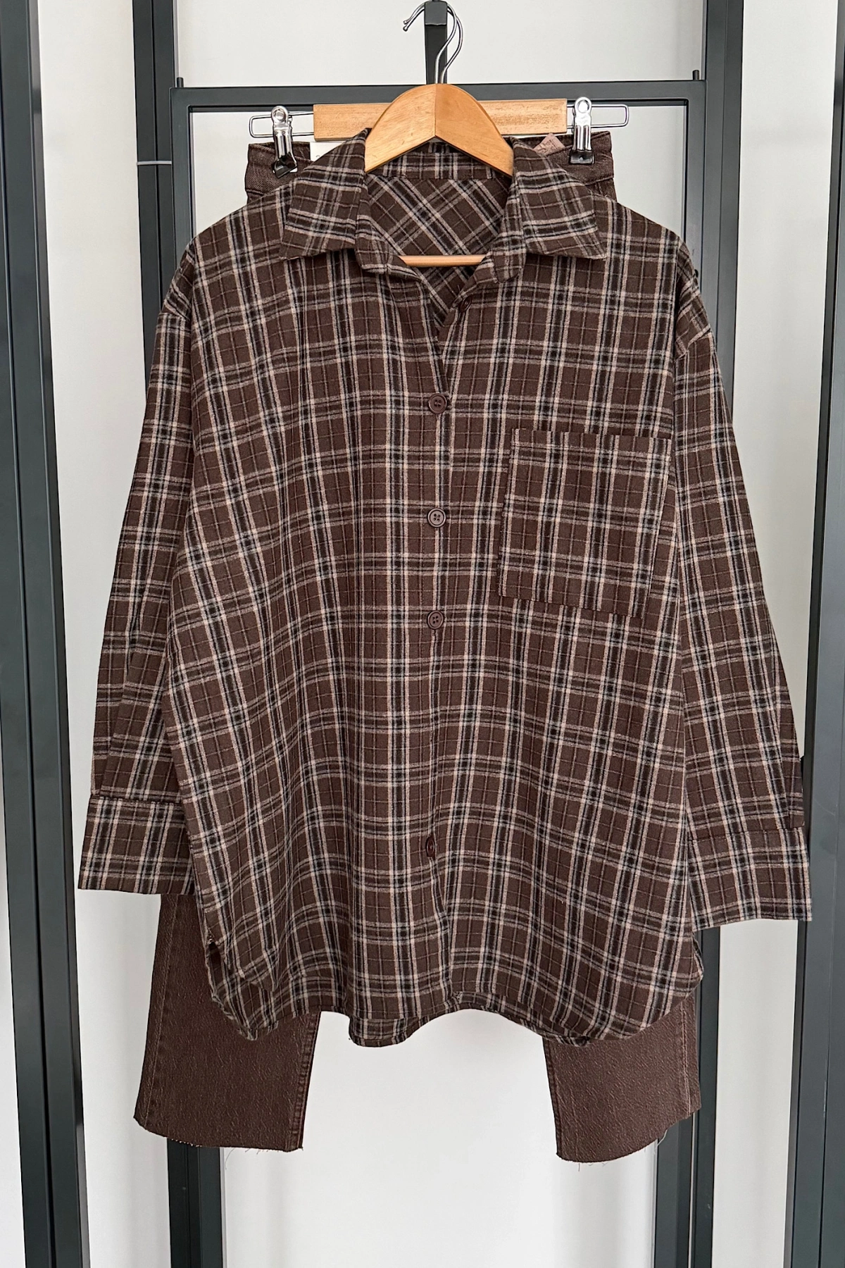 Oversize Ekose Gömlek Koyu Tarçın