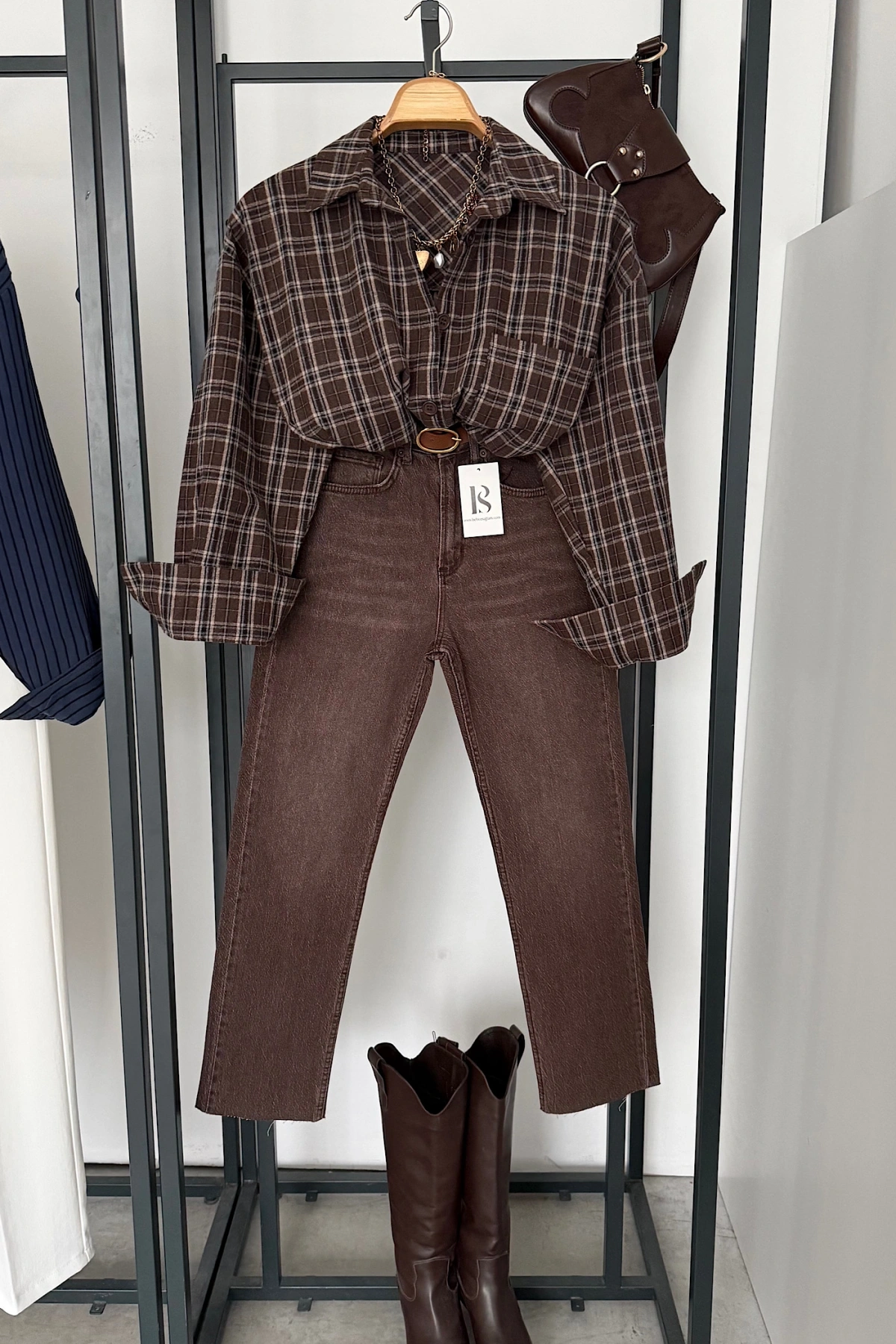 Oversize Ekose Gömlek Koyu Tarçın