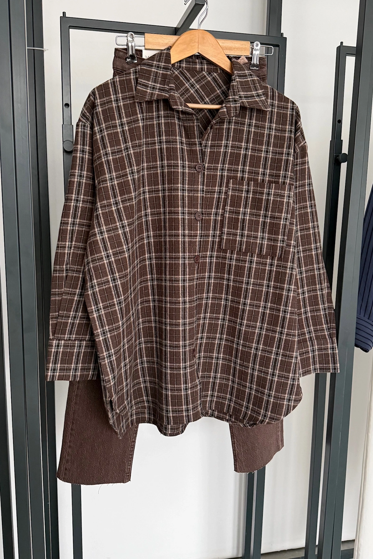 Oversize Ekose Gömlek Koyu Tarçın