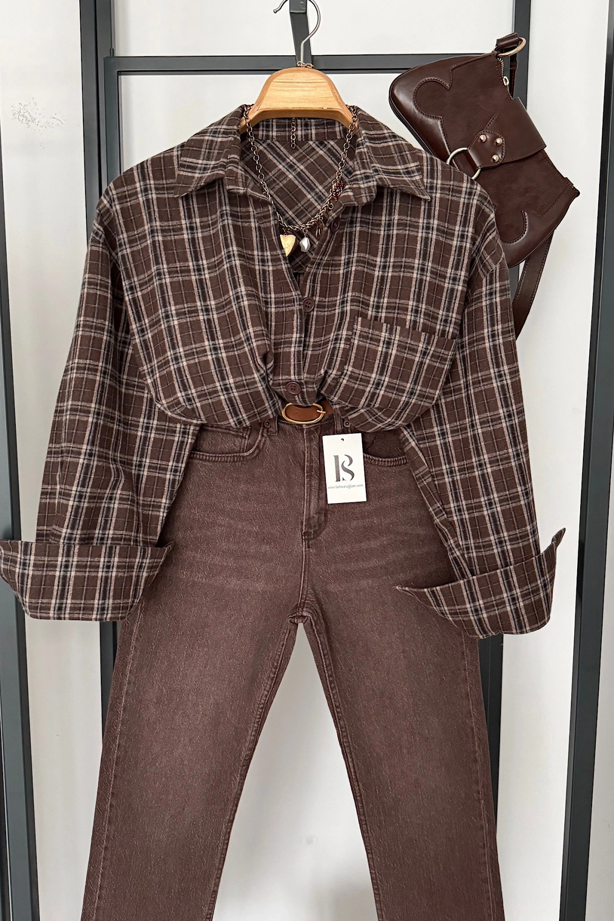 Oversize Ekose Gömlek Koyu Tarçın