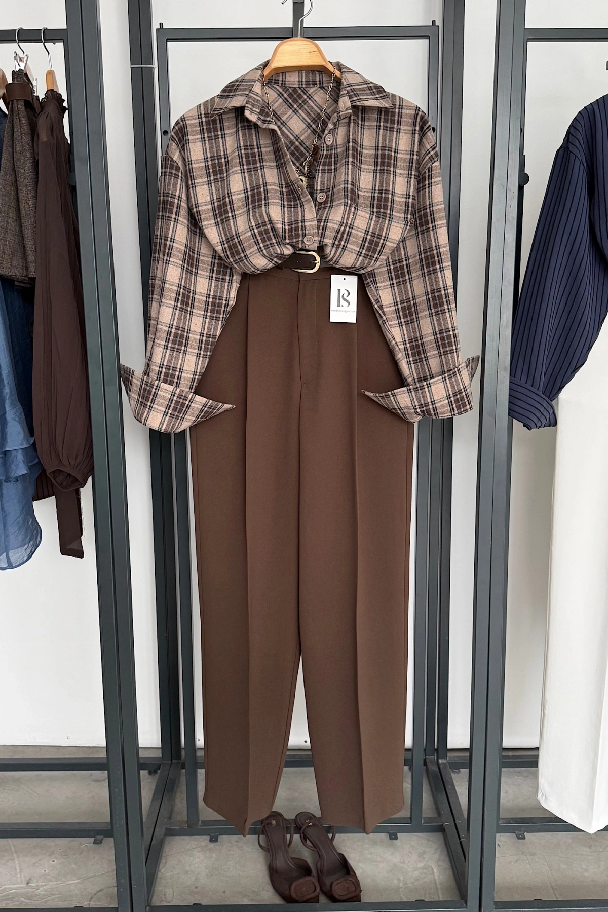 Oversize Ekose Gömlek Vizon