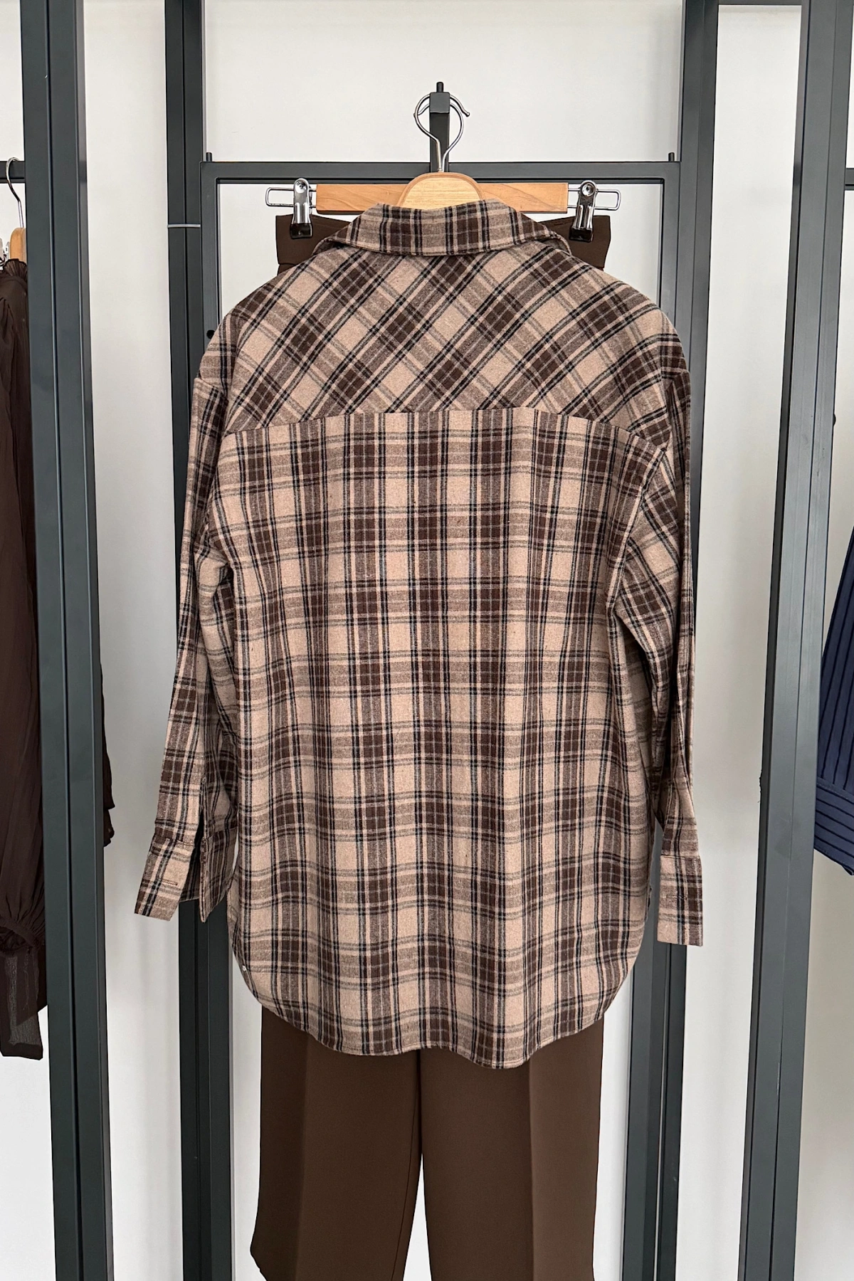 Oversize Ekose Gömlek Vizon