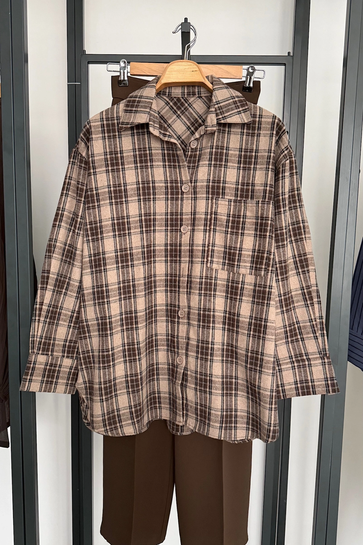 Oversize Ekose Gömlek Vizon