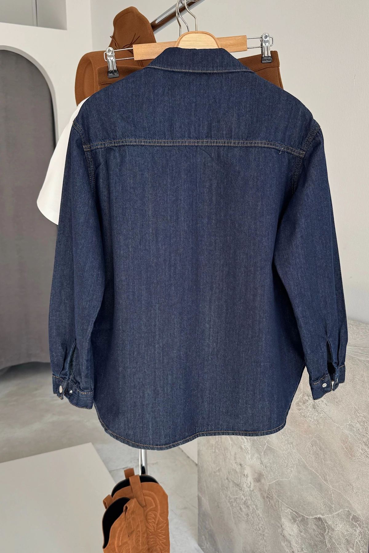 Oversize Rins Yıkama Denim Gömlek Lacivert