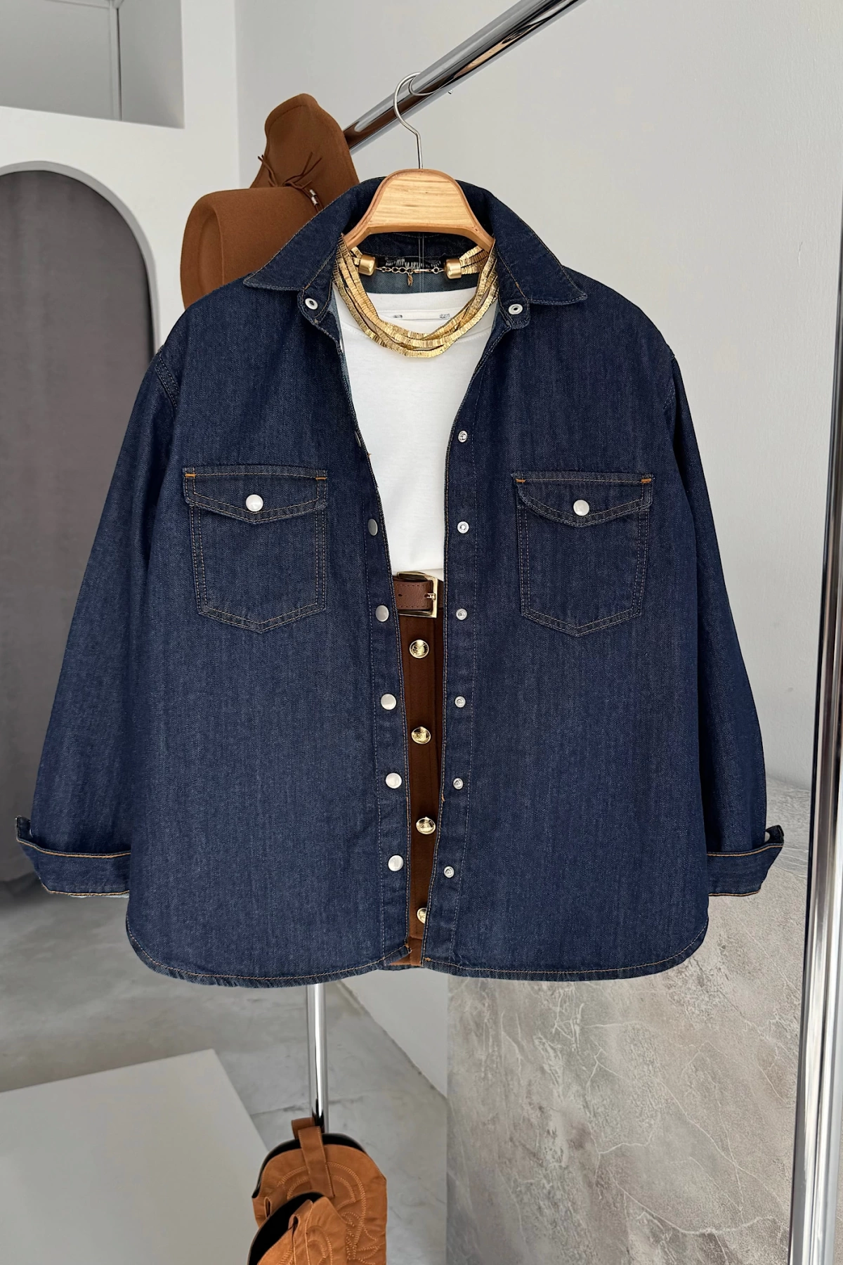 Oversize Rins Yıkama Denim Gömlek Lacivert