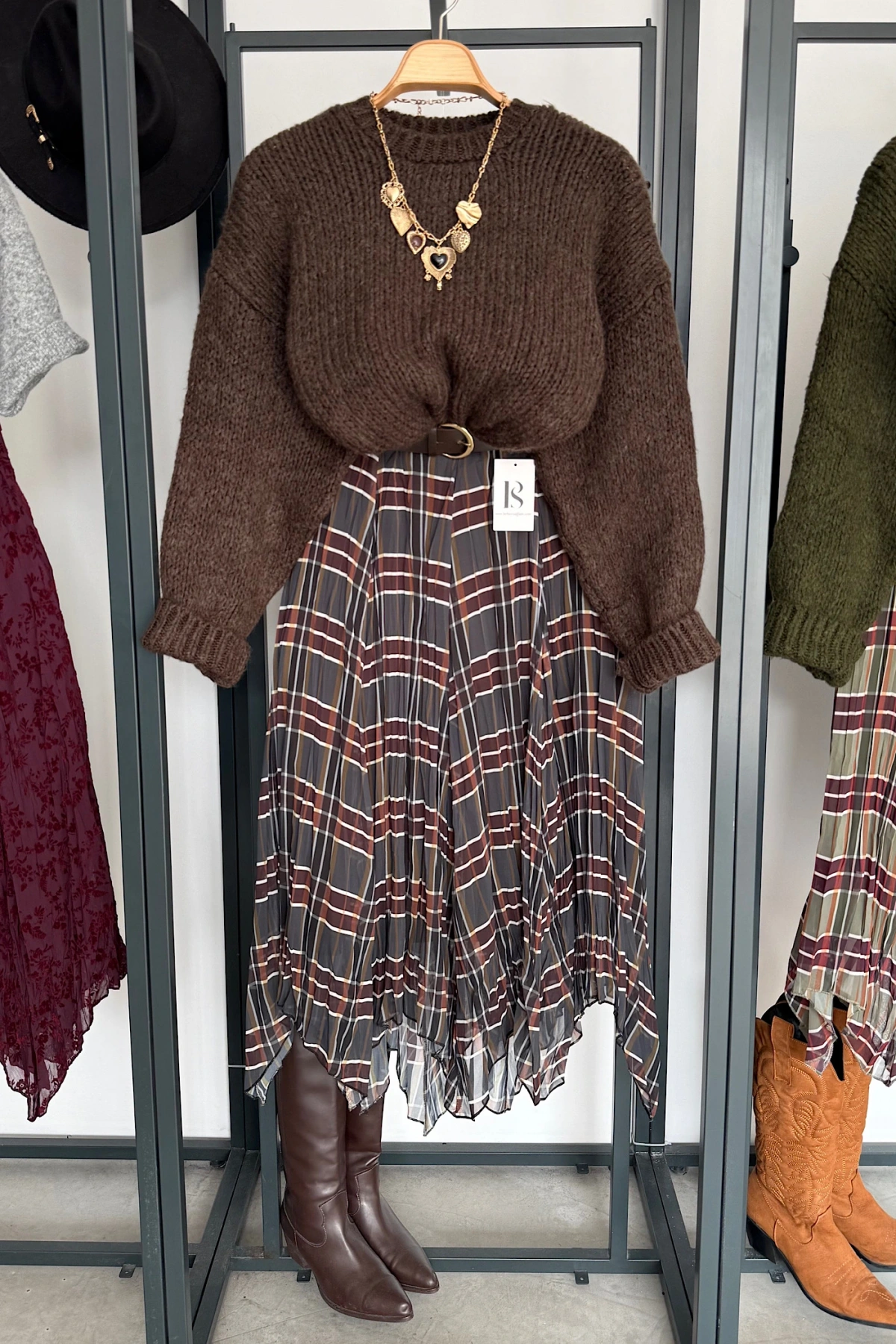 Parçalı Ekose Etek Haki