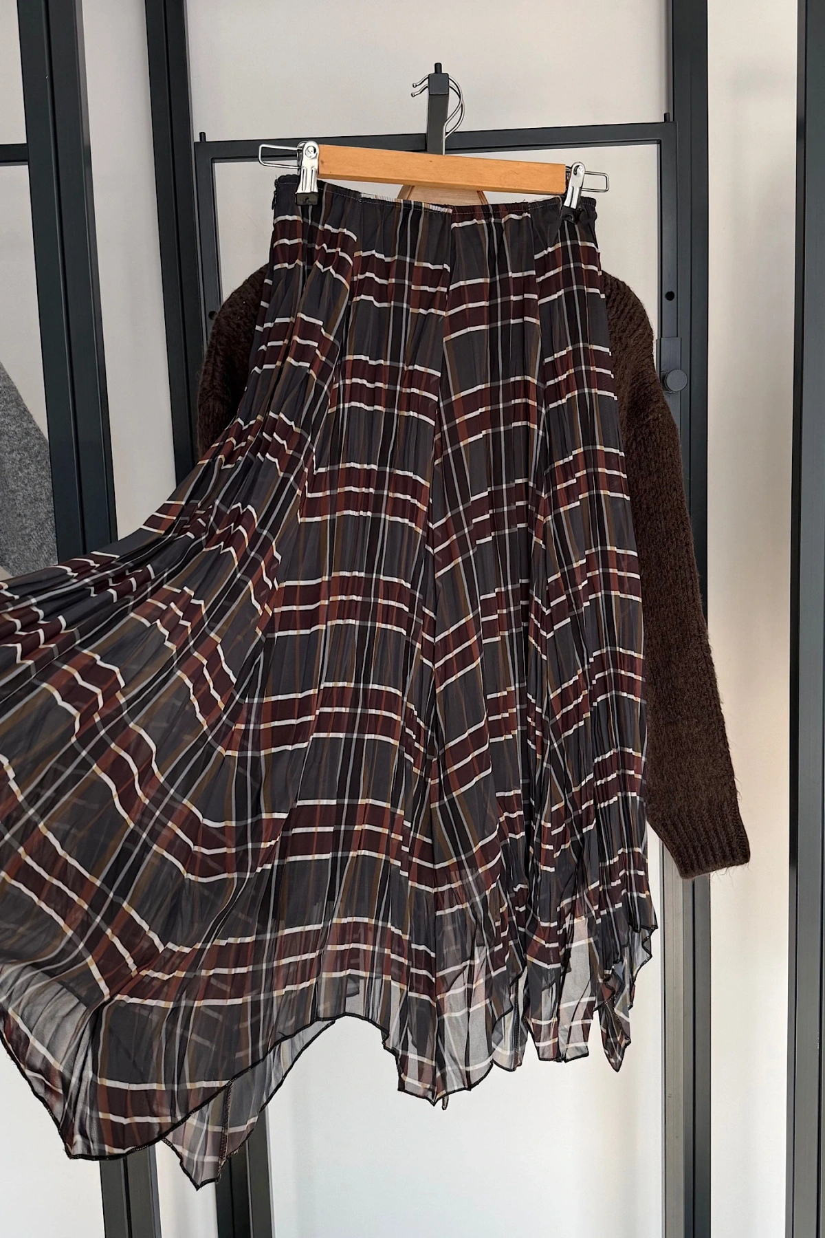 Parçalı Ekose Etek Haki