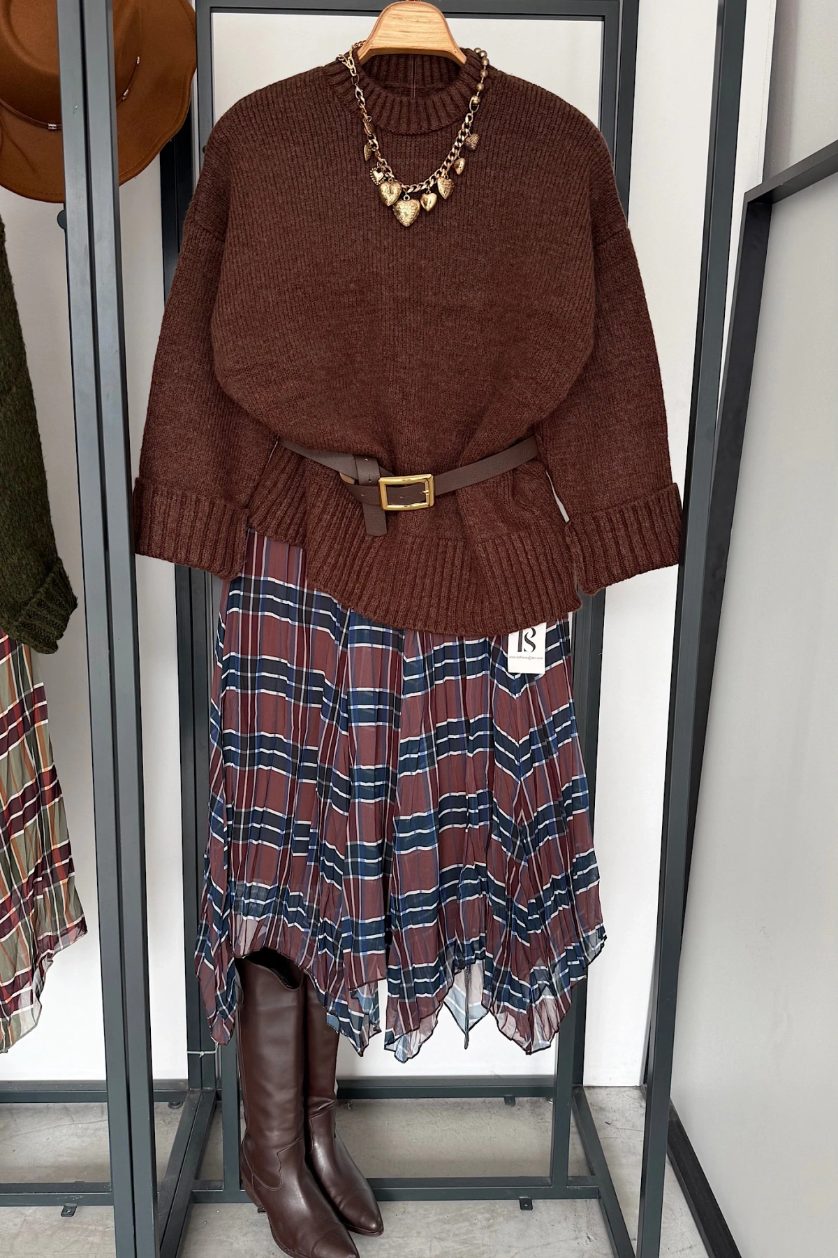 Parçalı Ekose Etek Kahverengi