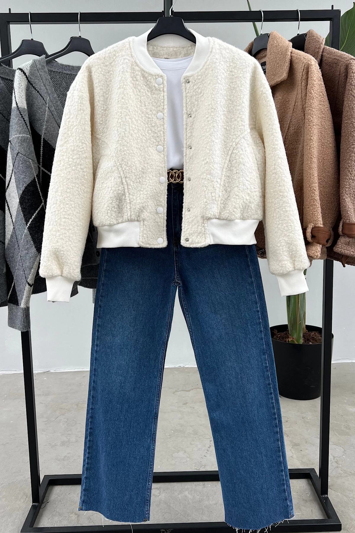 Peluş Bomber Ceket Ekru