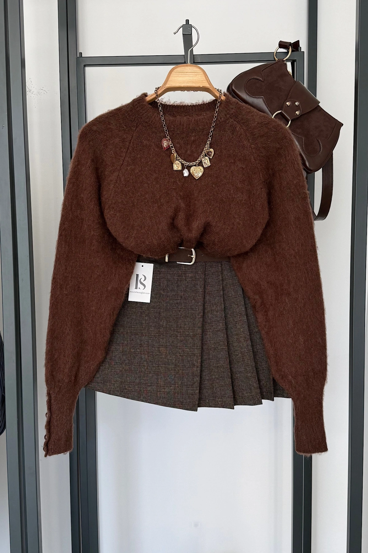 Pileli Kendinden Kemerli Ekose Şort Etek Kahverengi