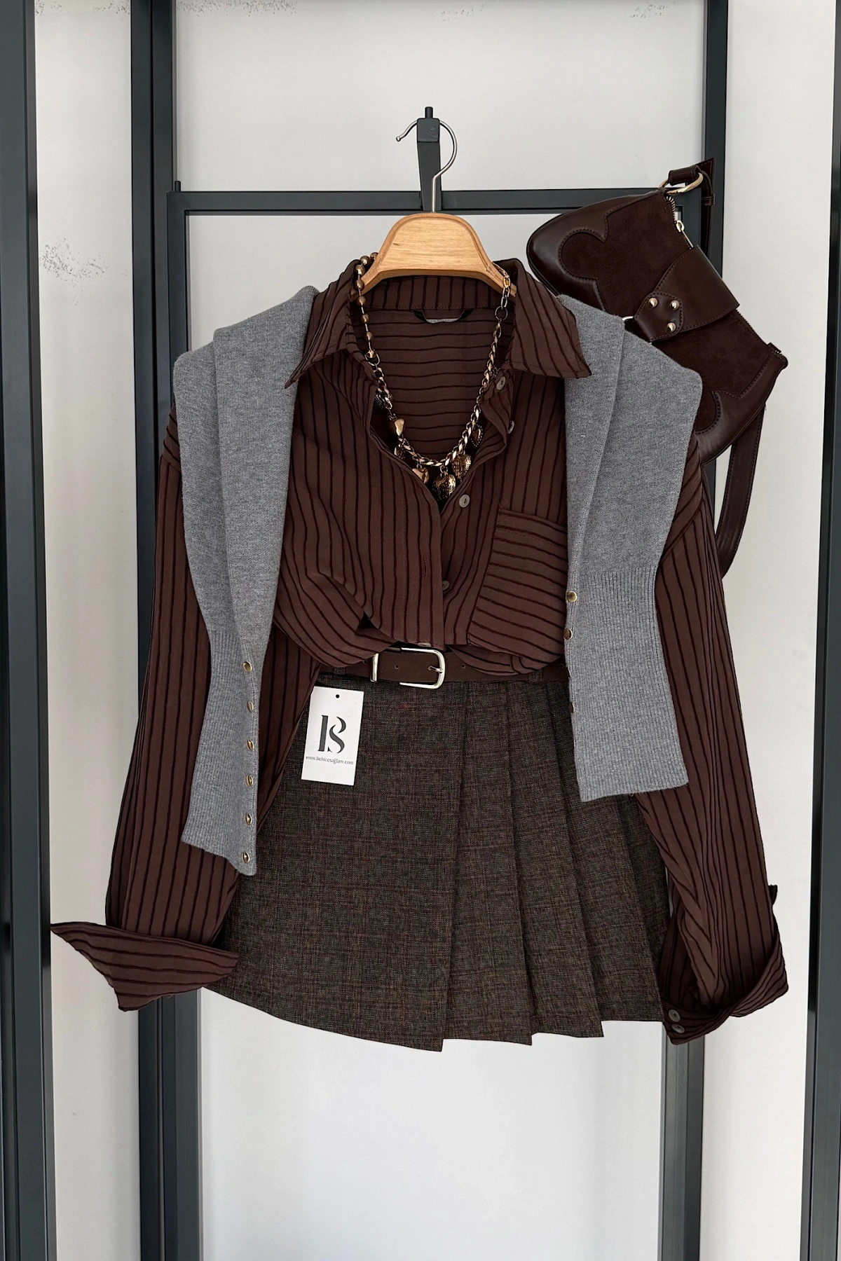 Pileli Kendinden Kemerli Ekose Şort Etek Kahverengi