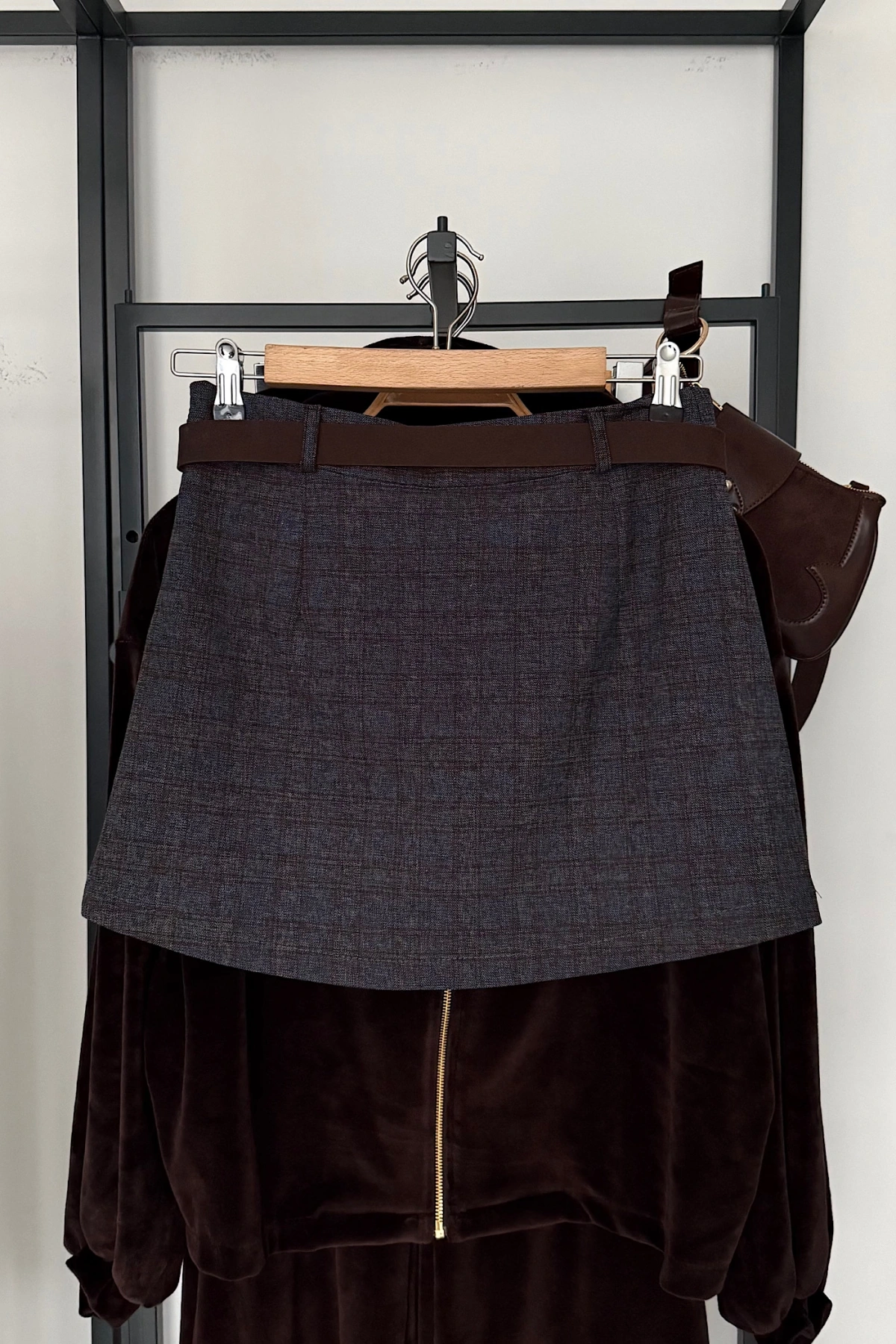 Pileli Kendinden Kemerli Ekose Şort Etek Lacivert