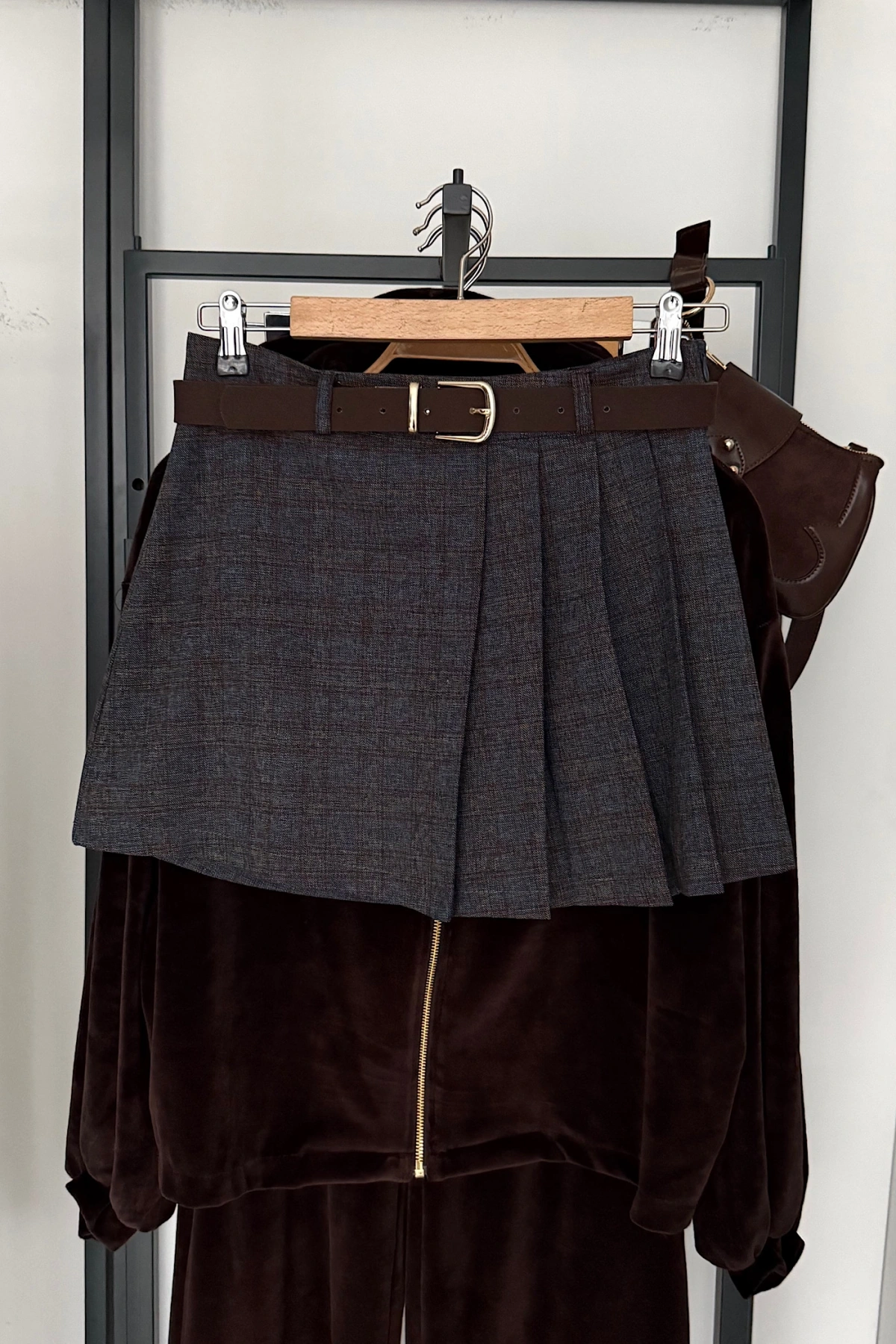 Pileli Kendinden Kemerli Ekose Şort Etek Lacivert