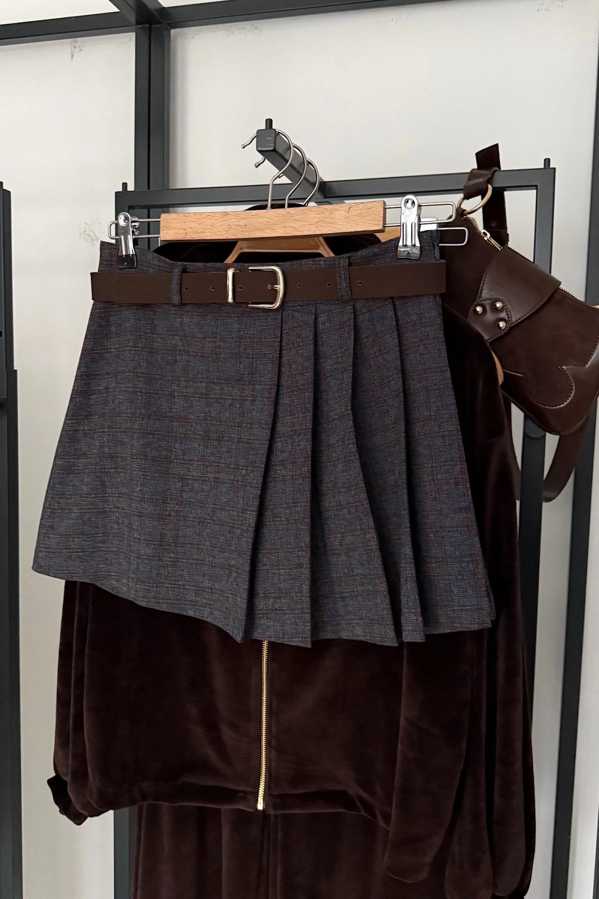 Pileli Kendinden Kemerli Ekose Şort Etek Lacivert