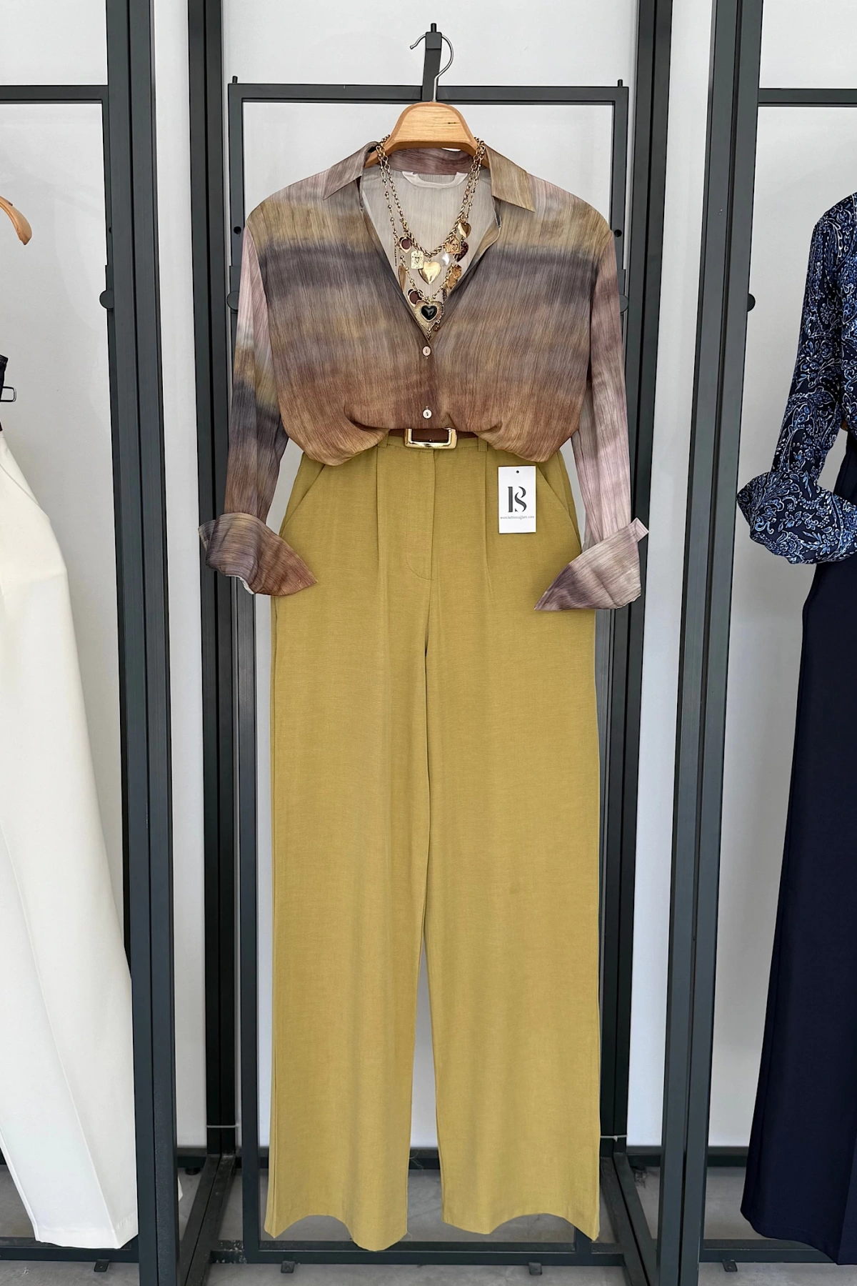 Premıum Keten Palazzo Pantolon Olive