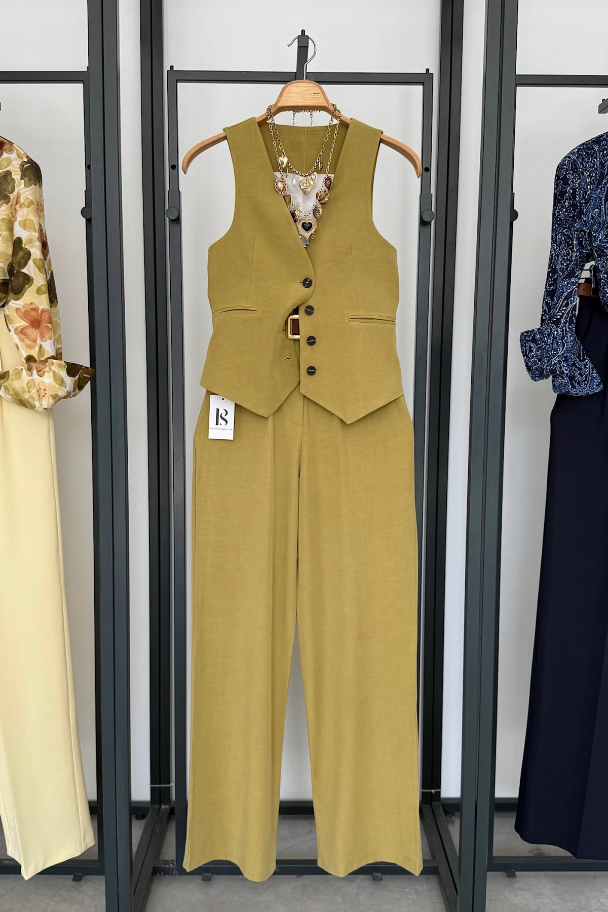 Premıum Keten Palazzo Pantolon Olive