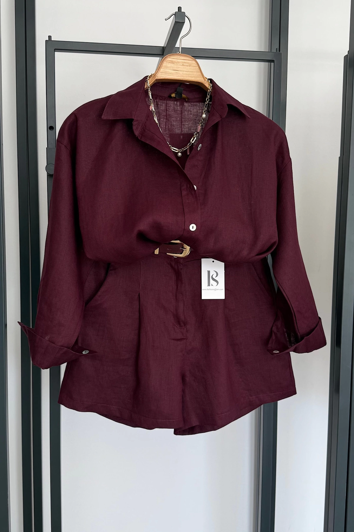 Premıum Oversize Keten Gömlek Bordo