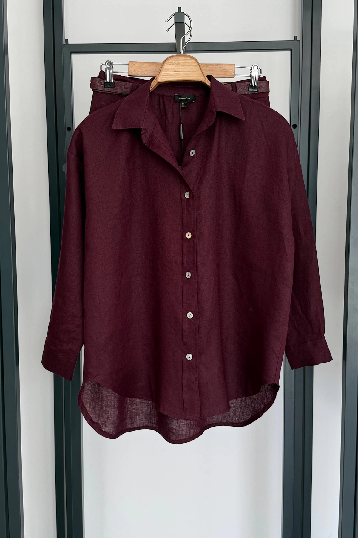 Premıum Oversize Keten Gömlek Bordo