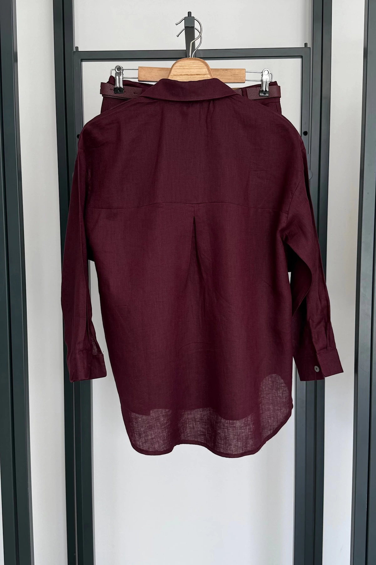Premıum Oversize Keten Gömlek Bordo
