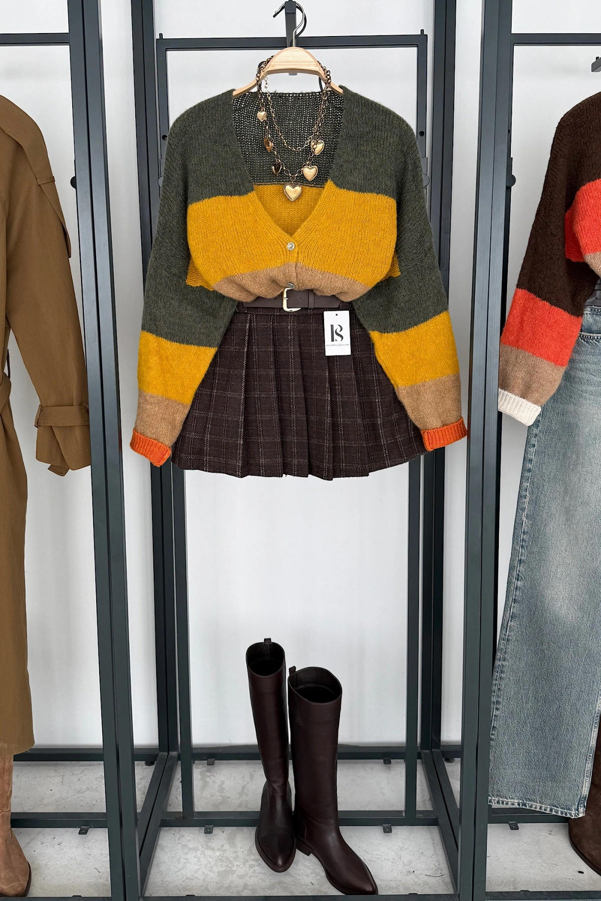 Retro Şerit Triko kazak Yeşil-Hardal