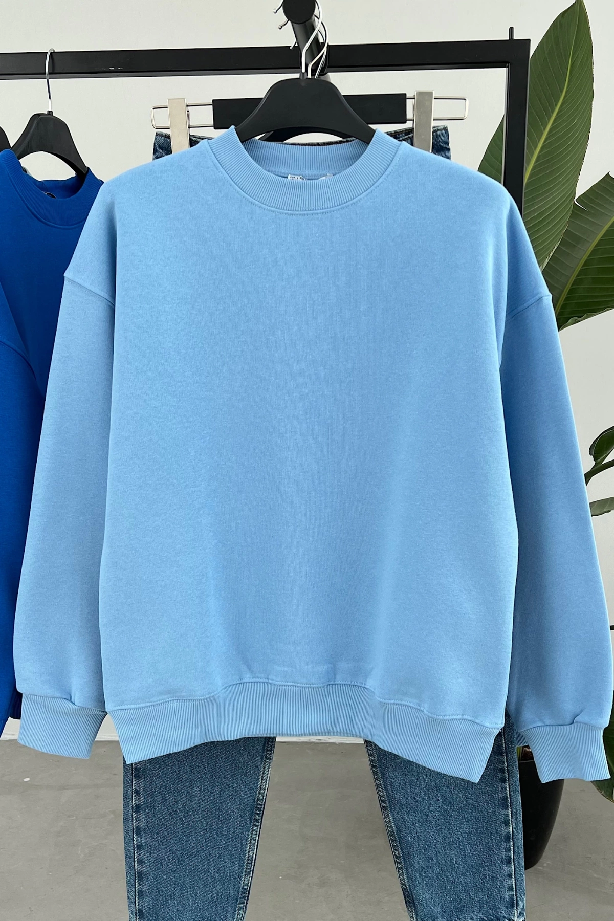 Ribanalı Şardonlu Sweatshirt Mavi