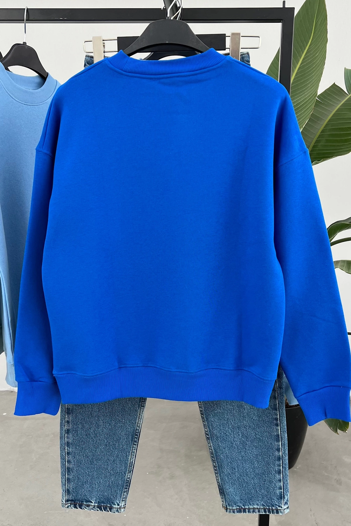 Ribanalı Şardonlu Sweatshirt Saks Mavisi