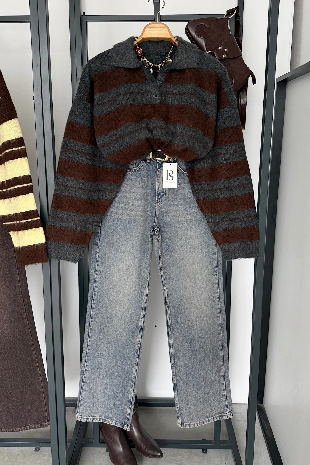 Sakallı Çizgili Kazak Antrasit-Kahve