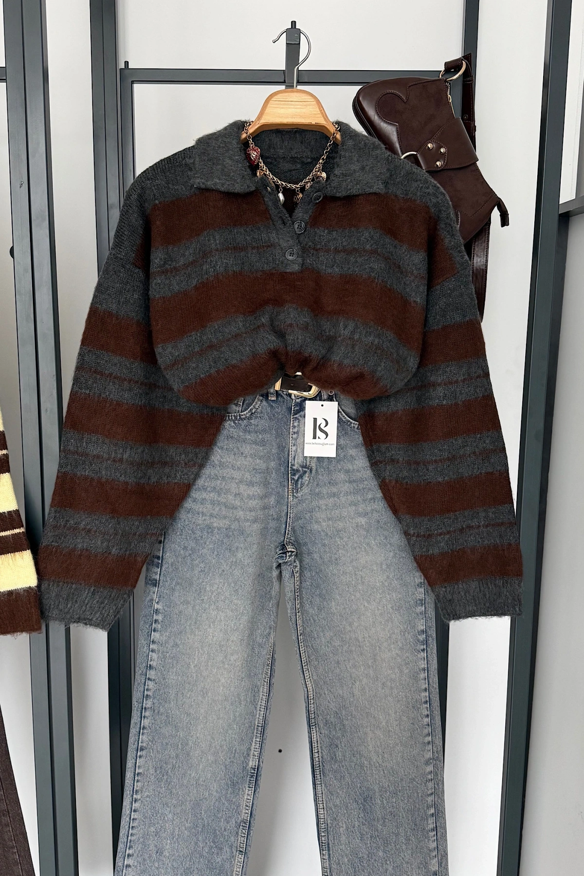 Sakallı Çizgili Kazak Antrasit-Kahve