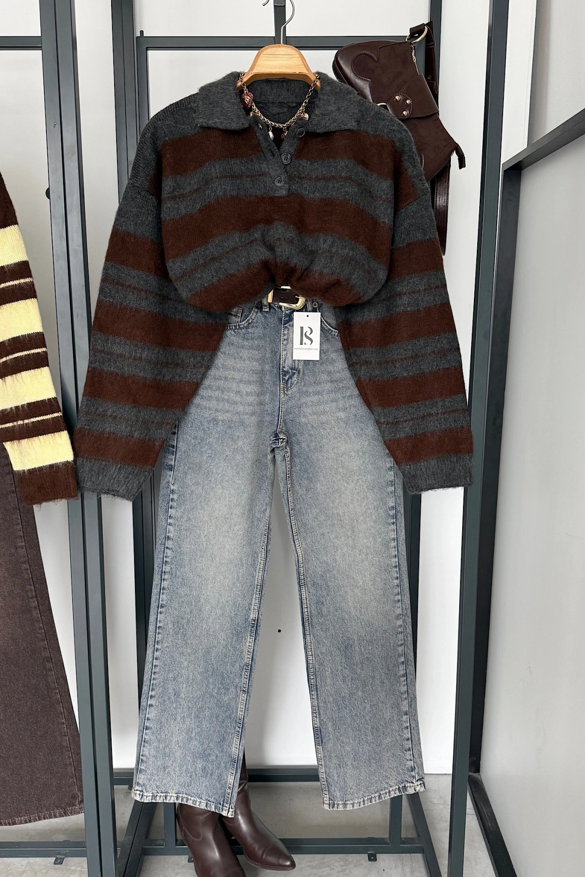 Sakallı Çizgili Kazak Antrasit-Kahve