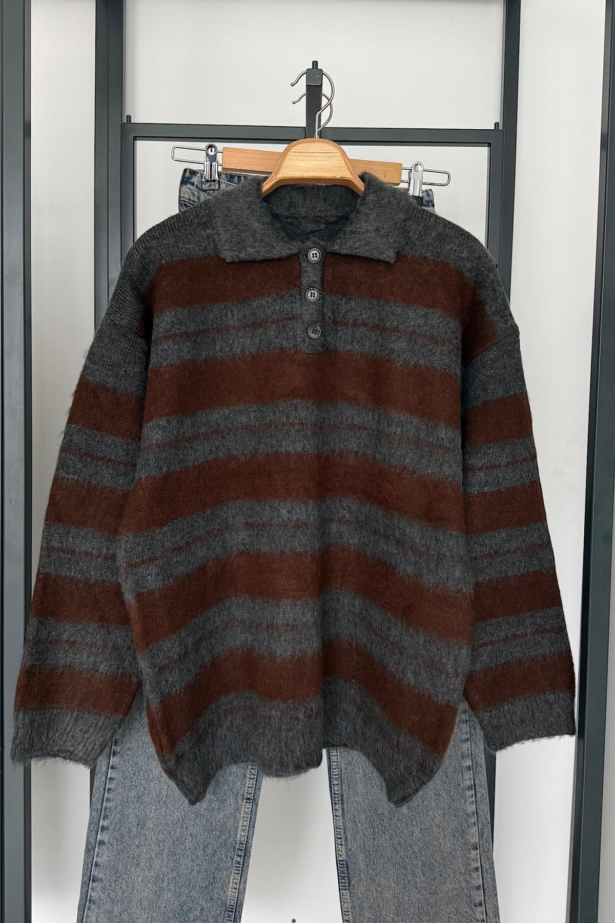 Sakallı Çizgili Kazak Antrasit-Kahve