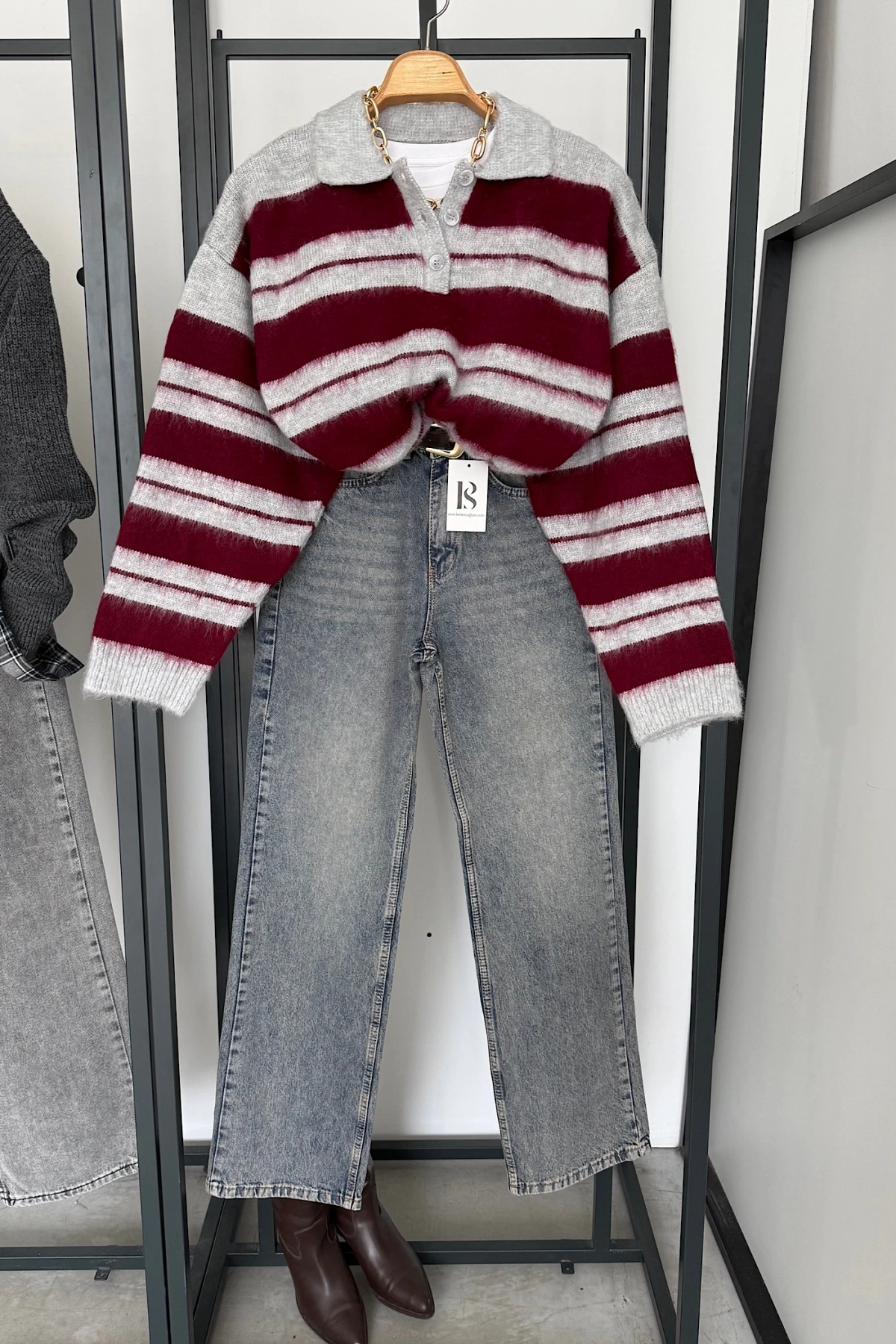 Sakallı Çizgili Kazak Bordo-Gri