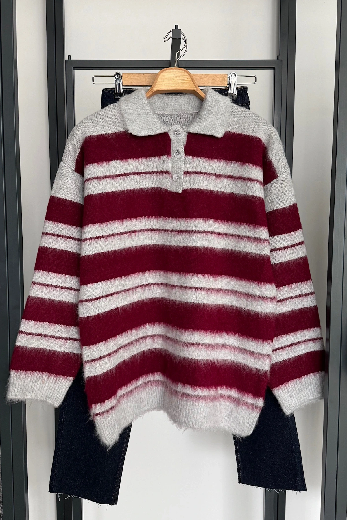 Sakallı Çizgili Kazak Bordo-Gri