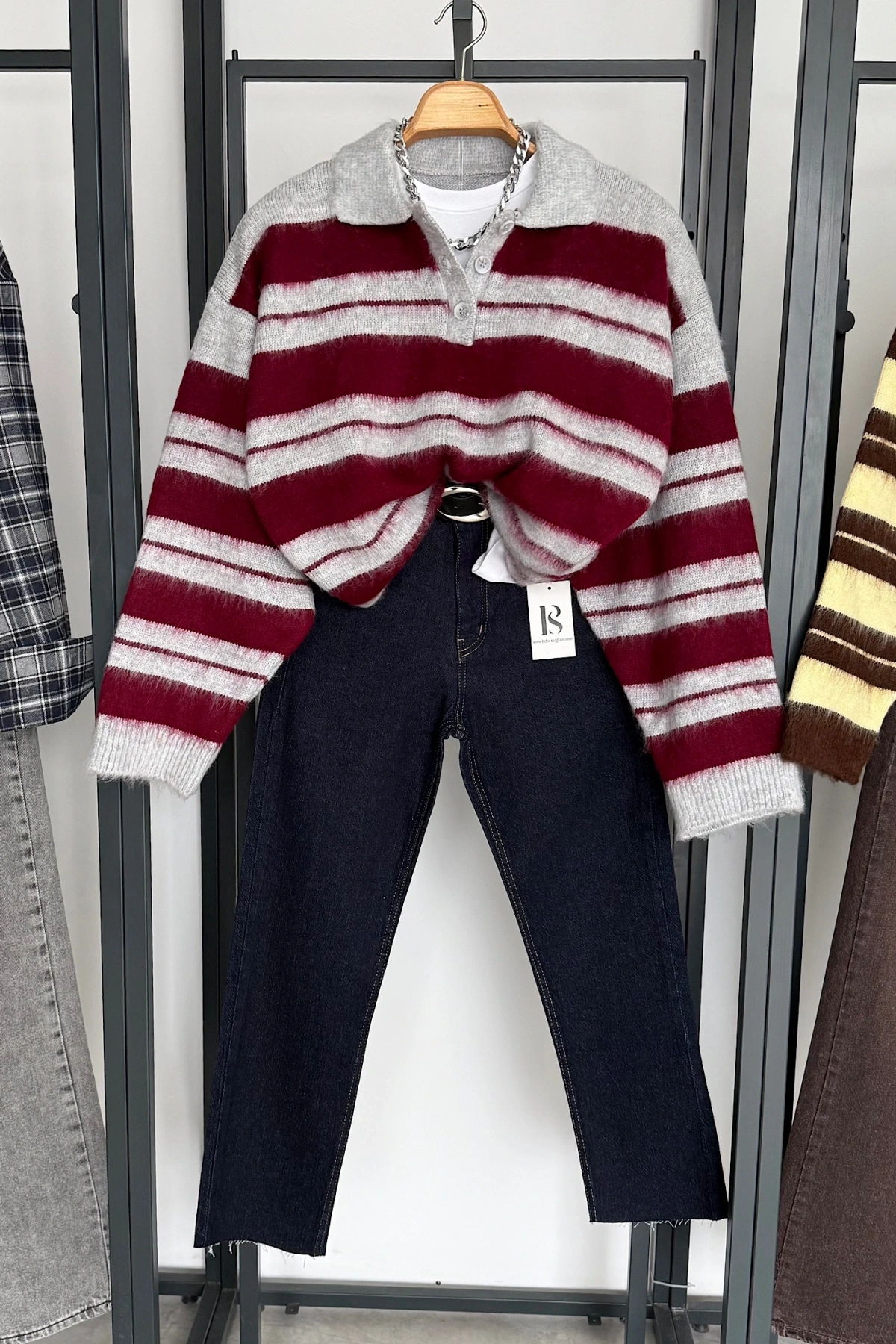 Sakallı Çizgili Kazak Bordo-Gri