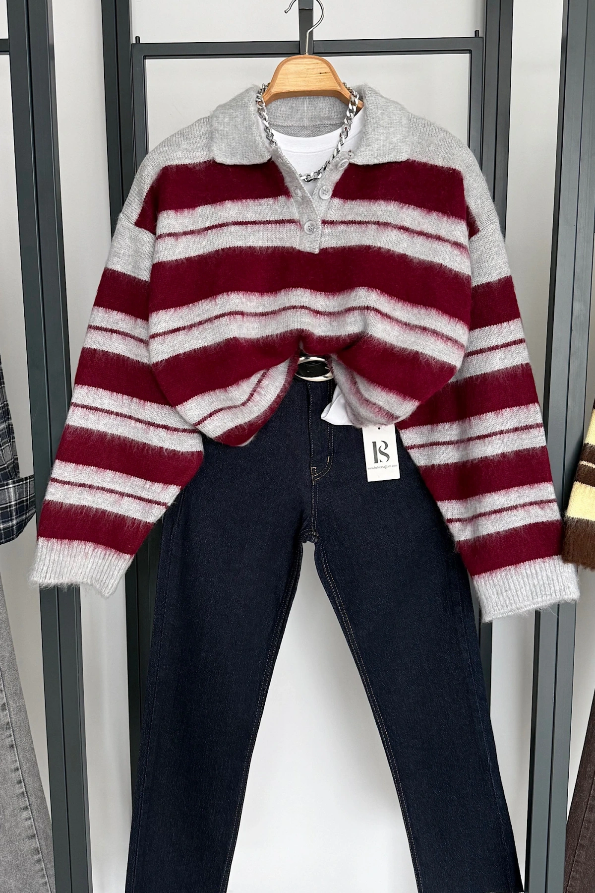 Sakallı Çizgili Kazak Bordo-Gri