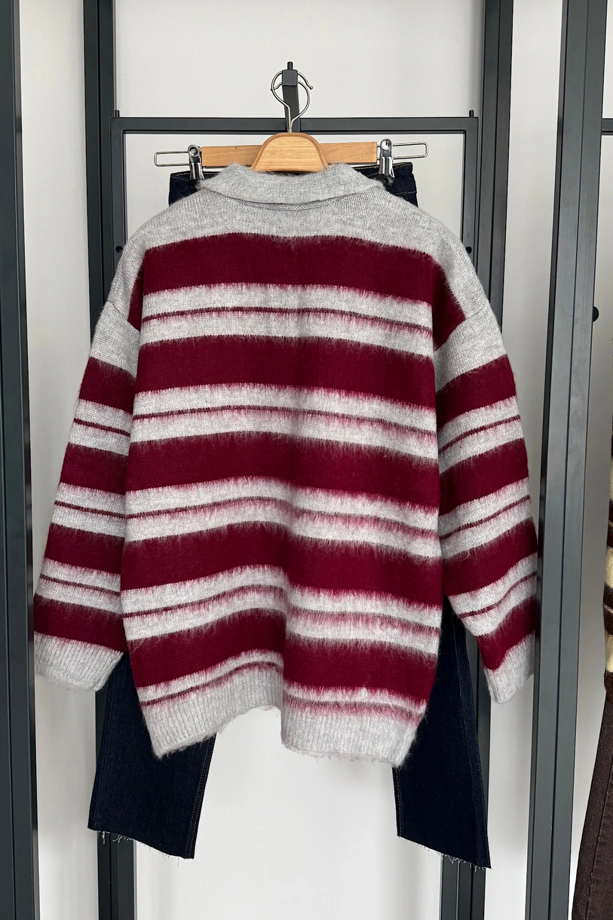 Sakallı Çizgili Kazak Bordo-Gri