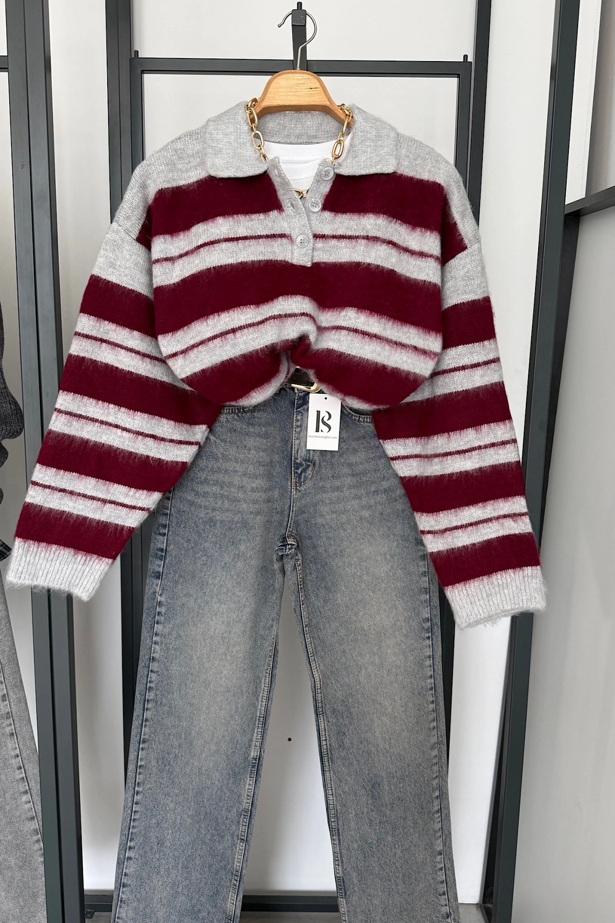 Sakallı Çizgili Kazak Bordo-Gri