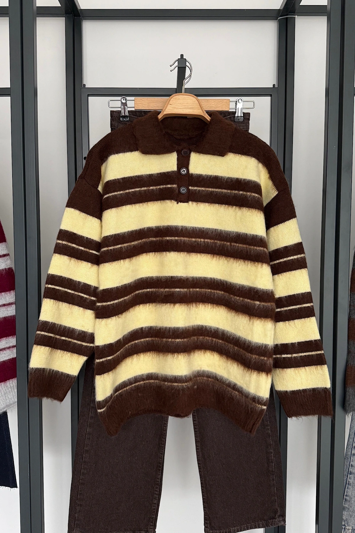 Sakallı Çizgili Kazak Sarı-Kahve