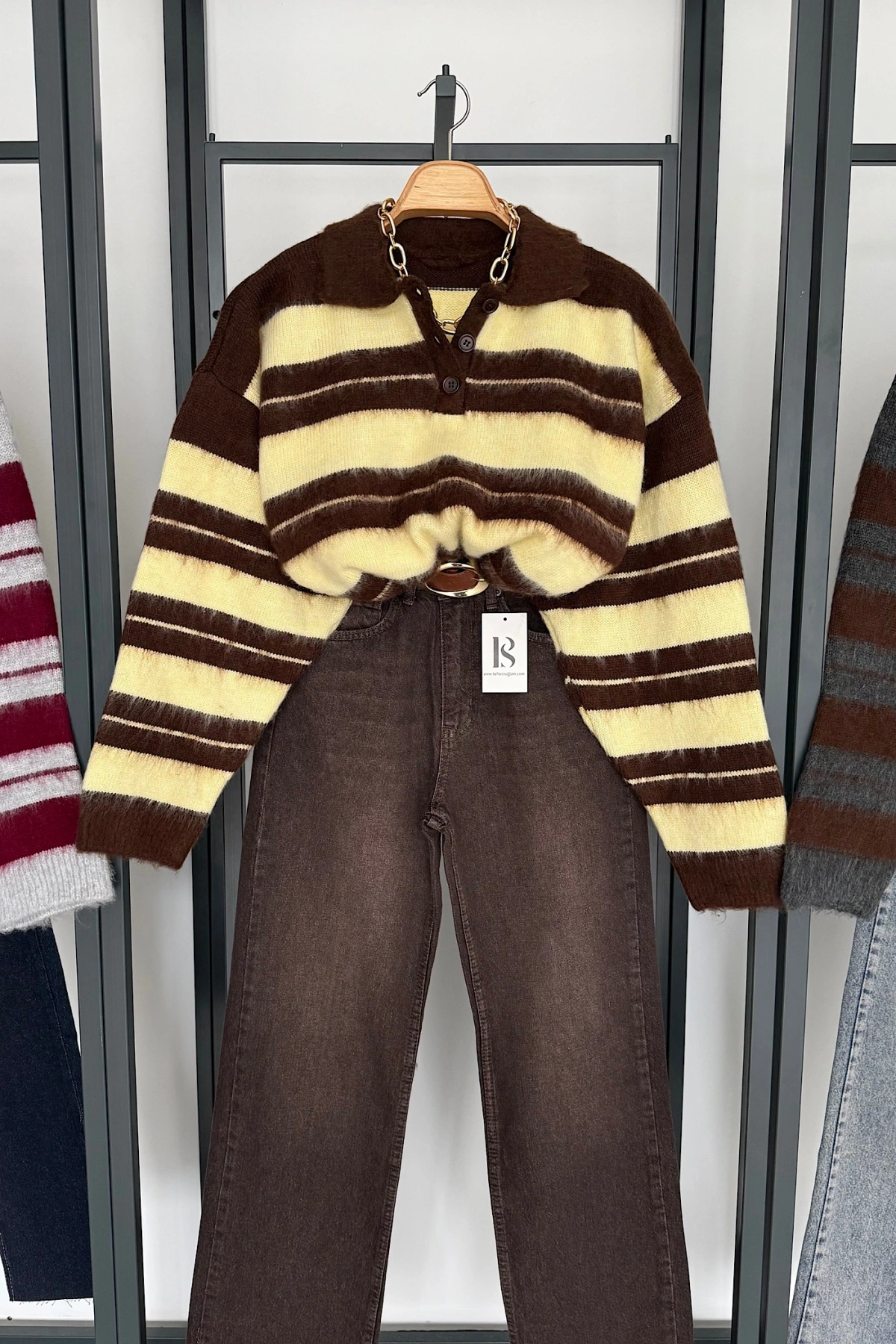 Sakallı Çizgili Kazak Sarı-Kahve