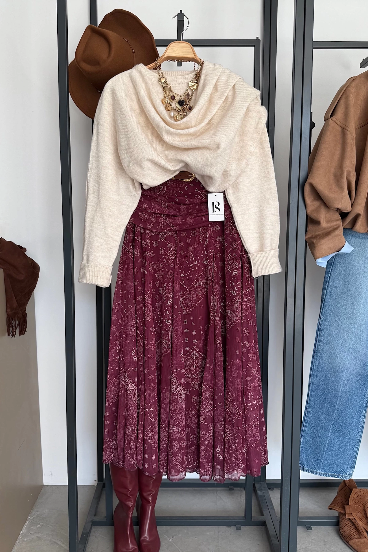 Şal Desen Etek Bordo