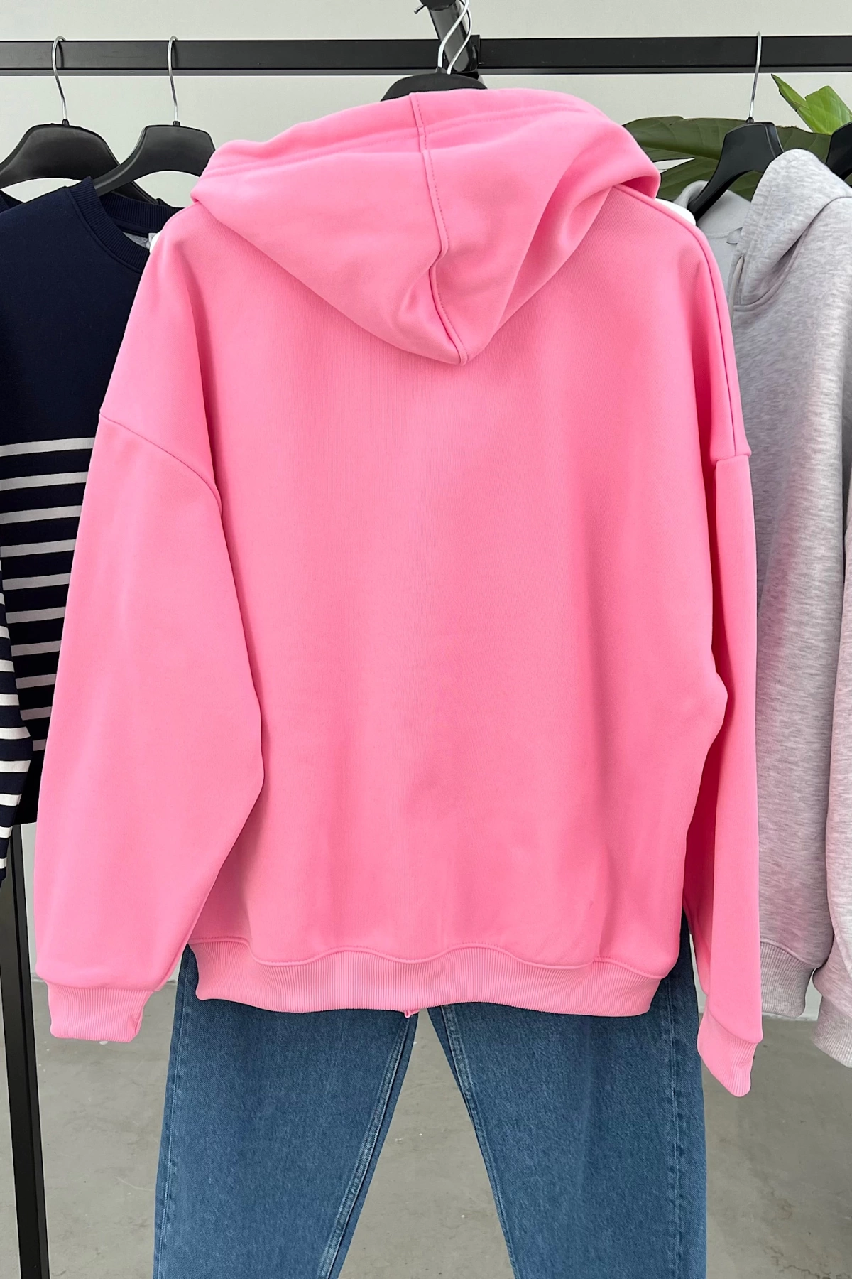 Şardonlu Kapüşonlu Sweat Pembe