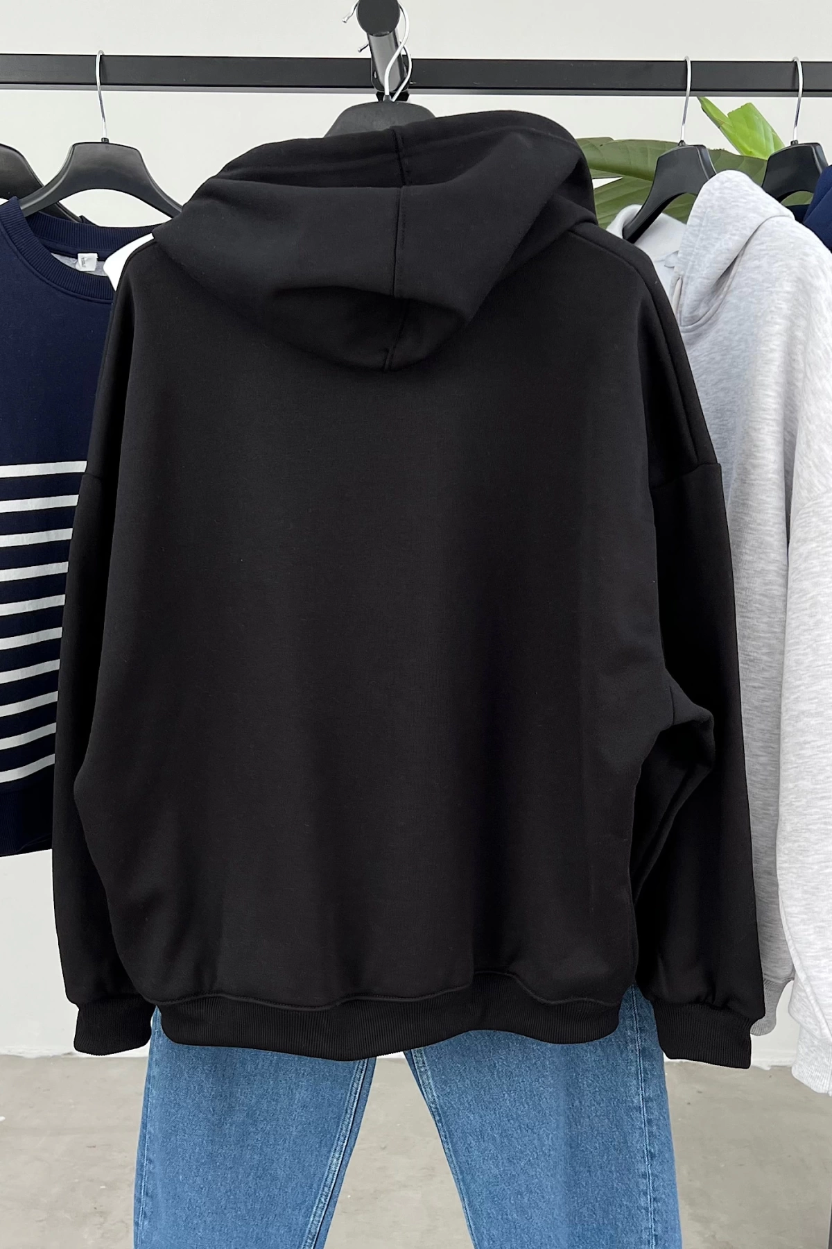 Şardonlu Kapüşonlu Sweat Siyah