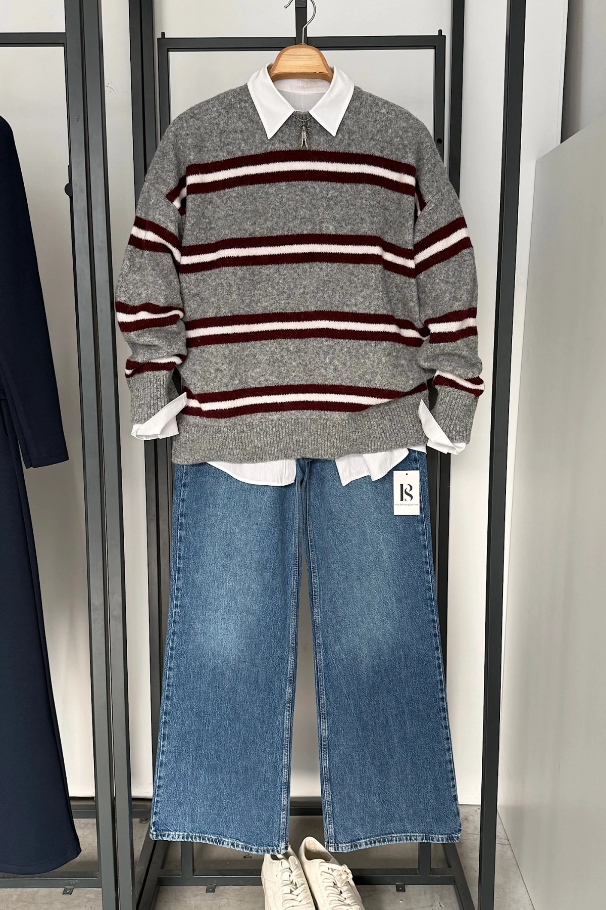 Şerit Geçmeli Kazak Gri-Bordo