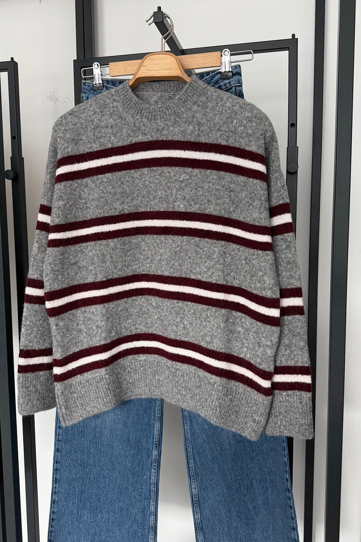 Şerit Geçmeli Kazak Gri-Bordo