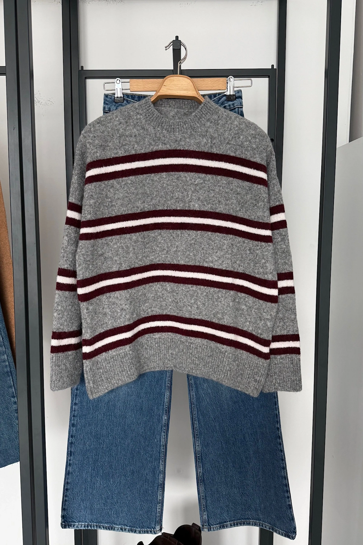 Şerit Geçmeli Kazak Gri-Bordo