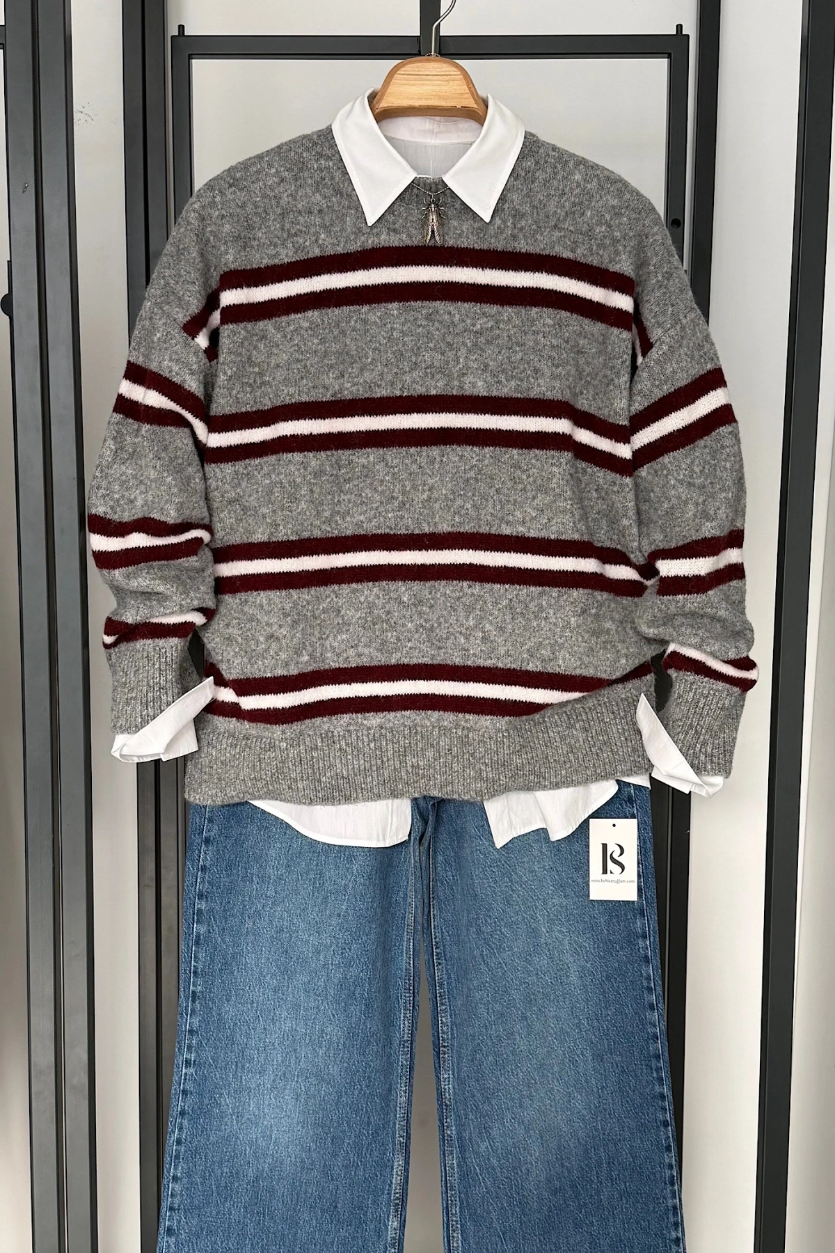 Şerit Geçmeli Kazak Gri-Bordo