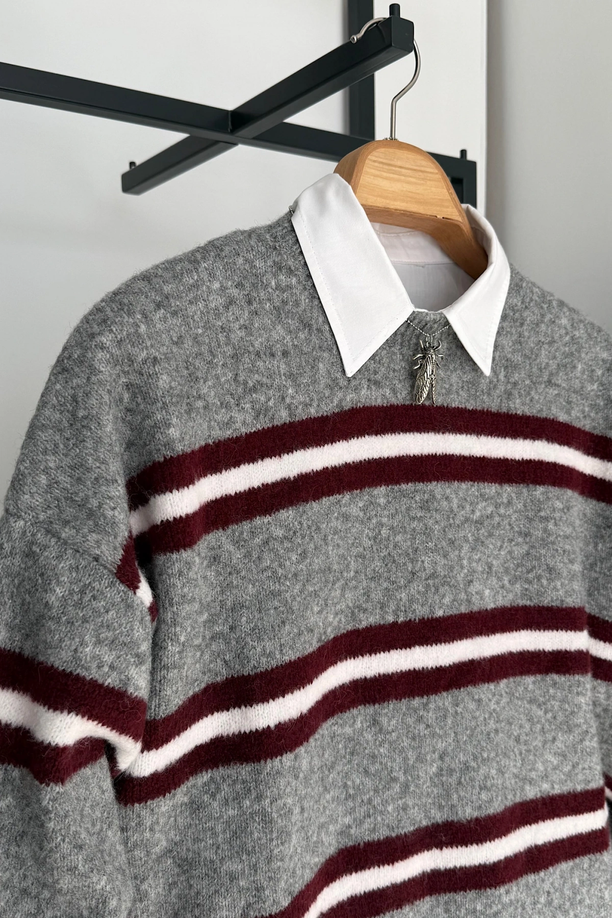 Şerit Geçmeli Kazak Gri-Bordo