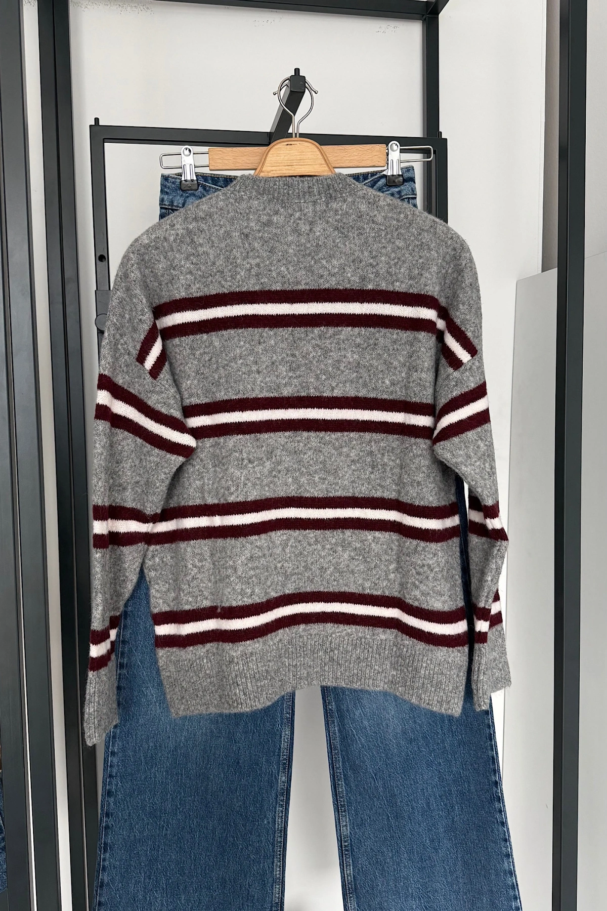 Şerit Geçmeli Kazak Gri-Bordo