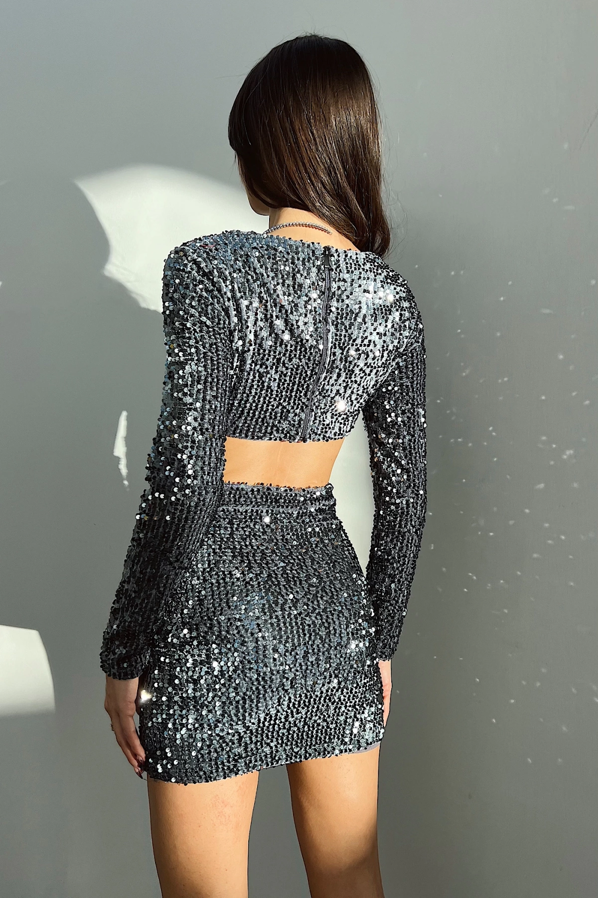 Backless Sequined Dress - Gray