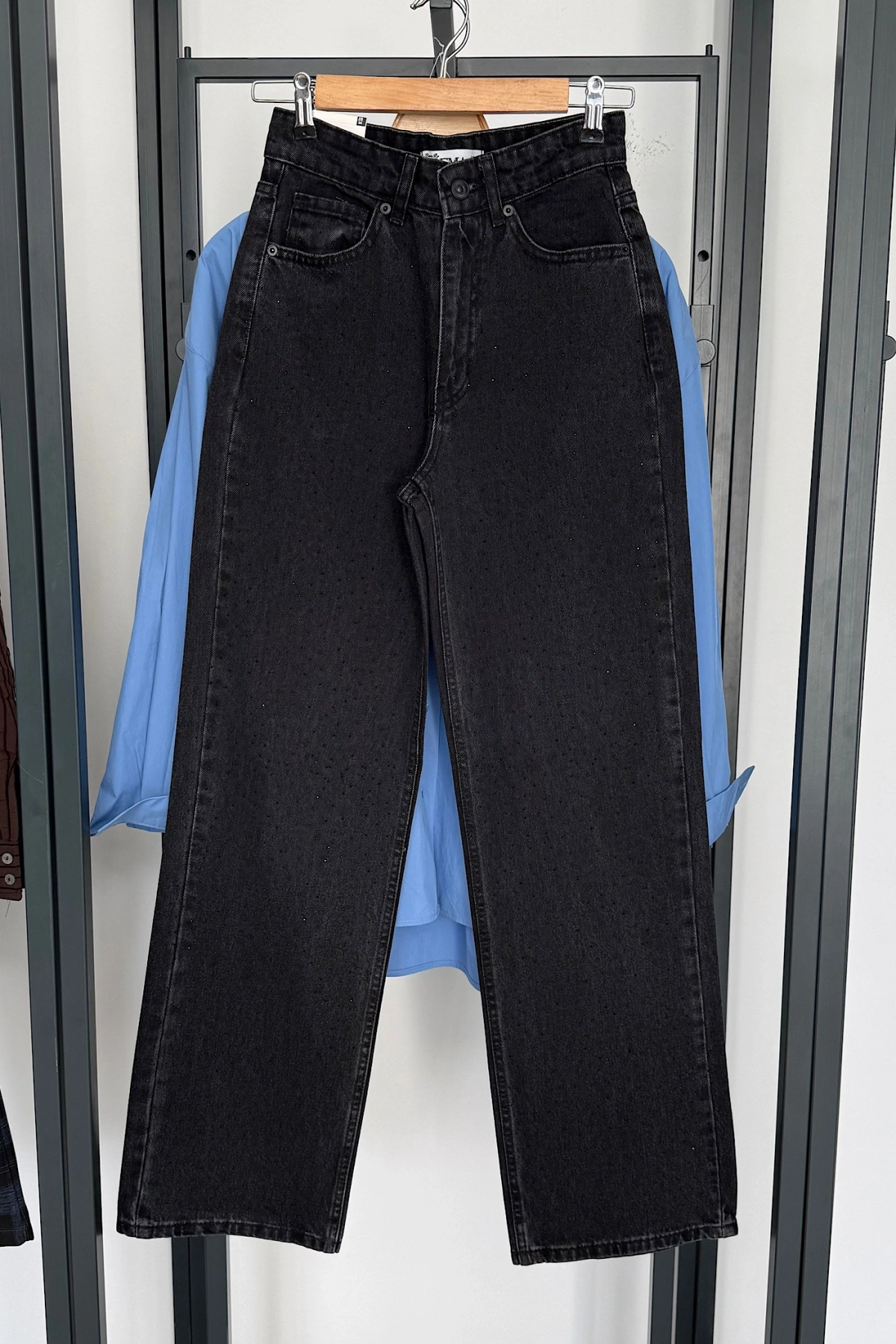 Straight Fit Taşlı Jean Siyah